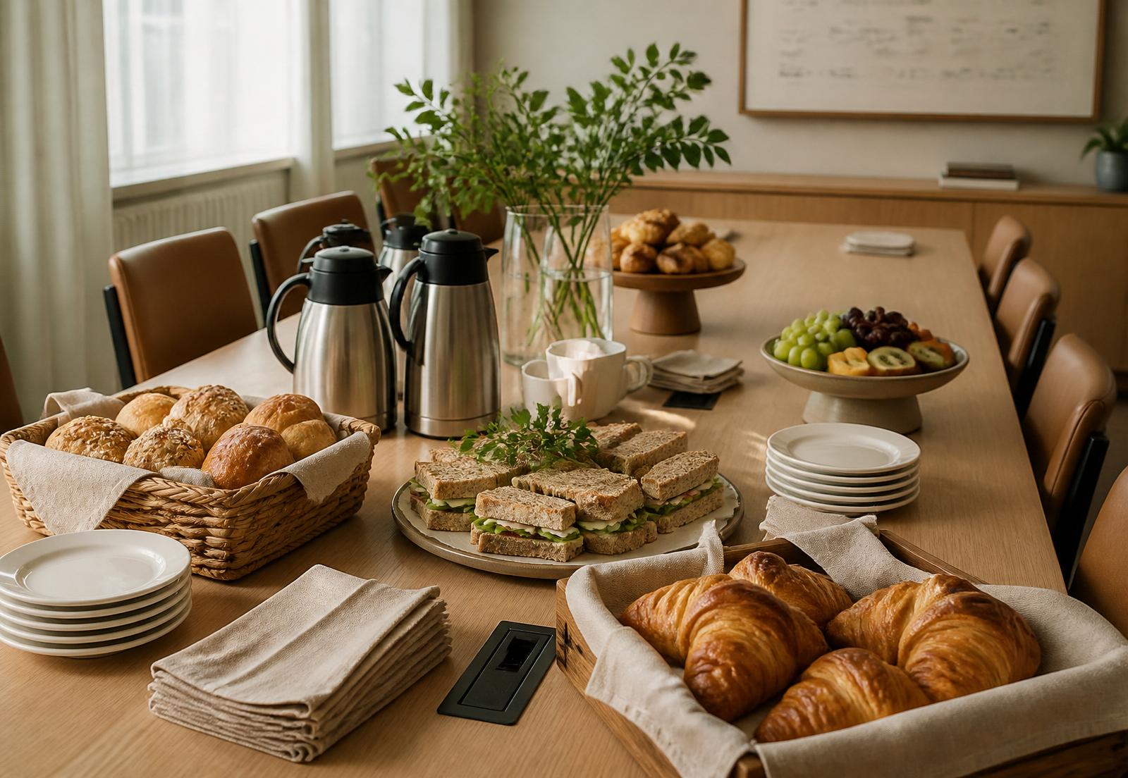 Företagscatering — frukostbröd, croissanter och kaffe på ett konferensbord