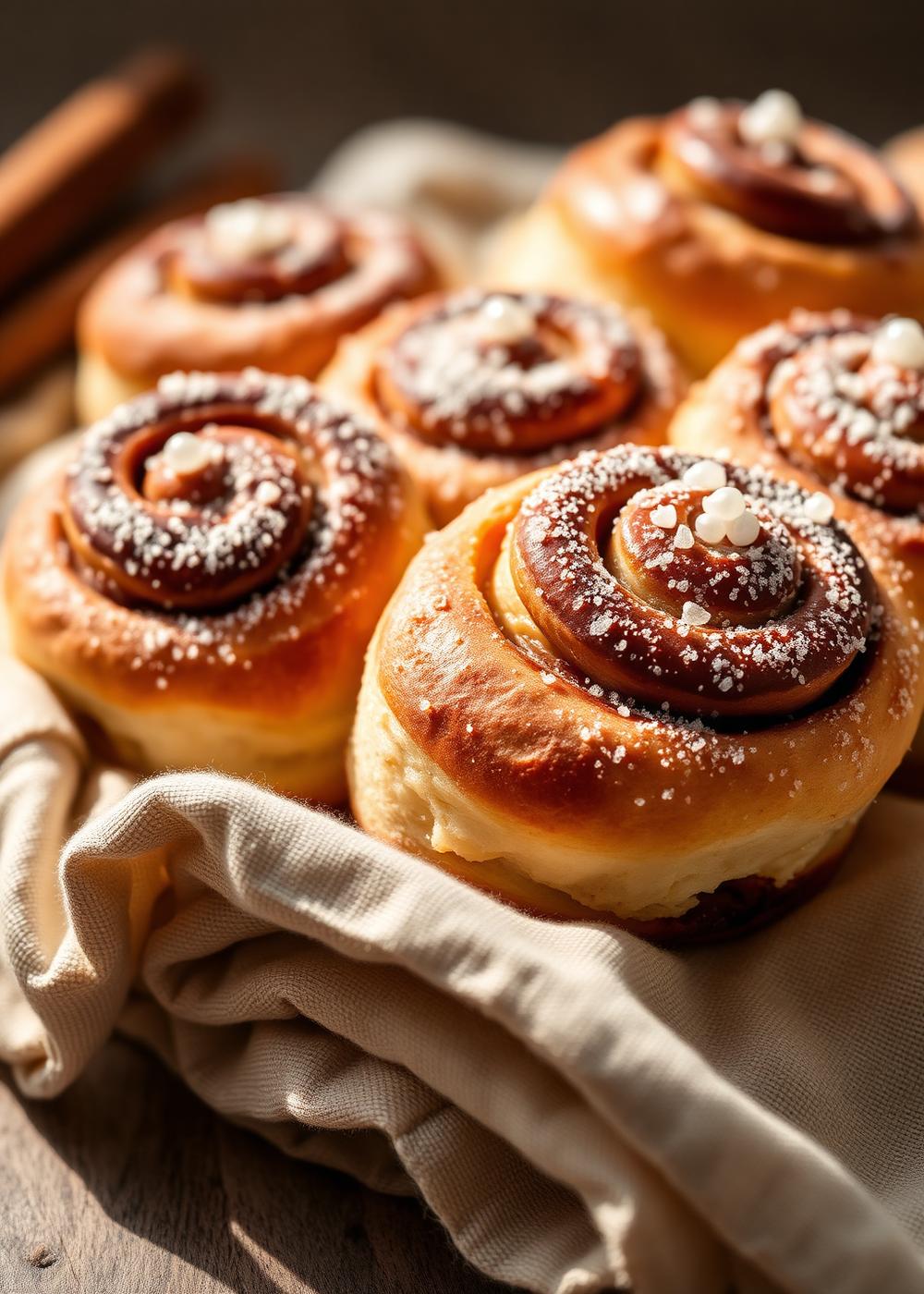 Kanelbullar med pärlsocker i en brödkorg